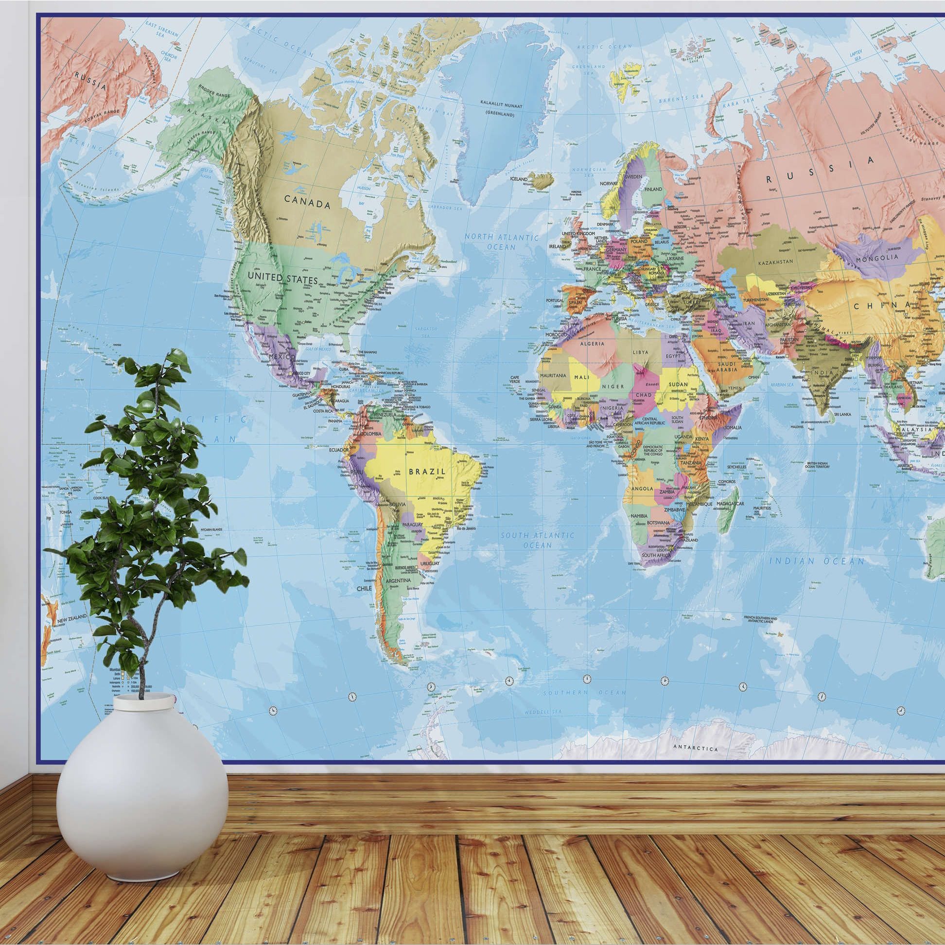 Large World Wall Map Mural Blue (inset)